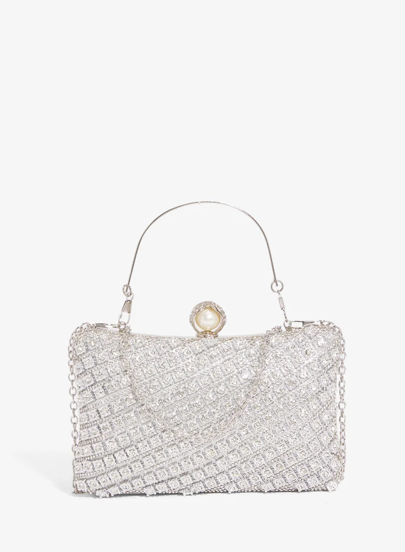 خزانة Silver Top Handle Embellished Detailed Clutch